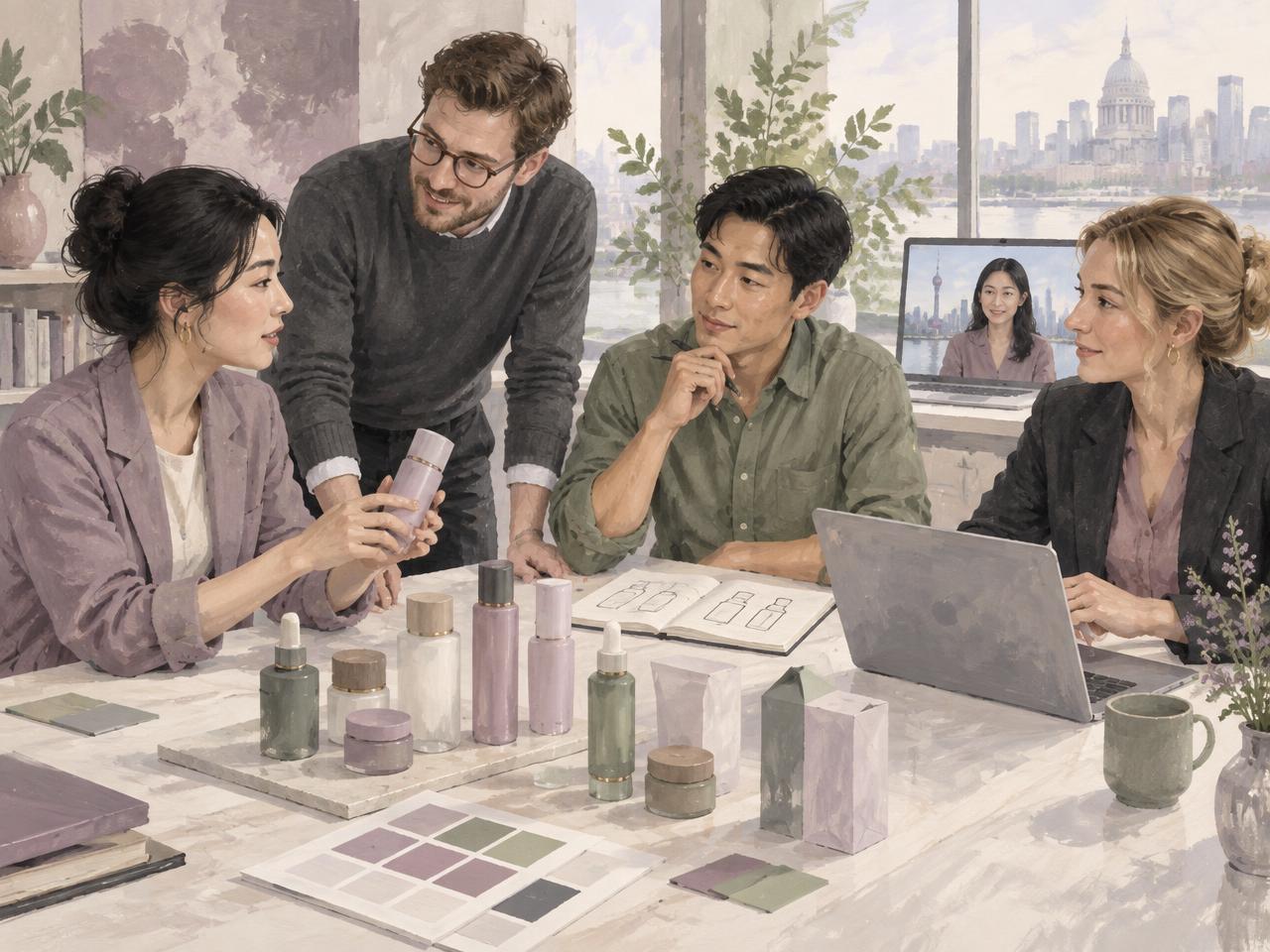 AI-generated editorial illustration of fictional colleagues discussing beauty packaging samples
