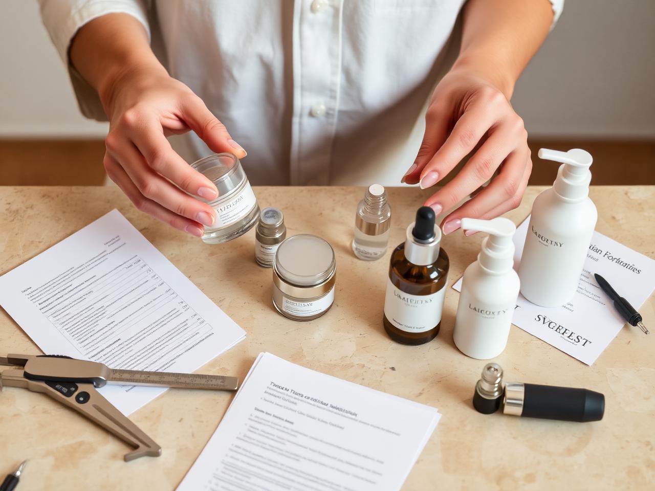 Quality inspection of cosmetic packaging samples with measurement tools and production documents
